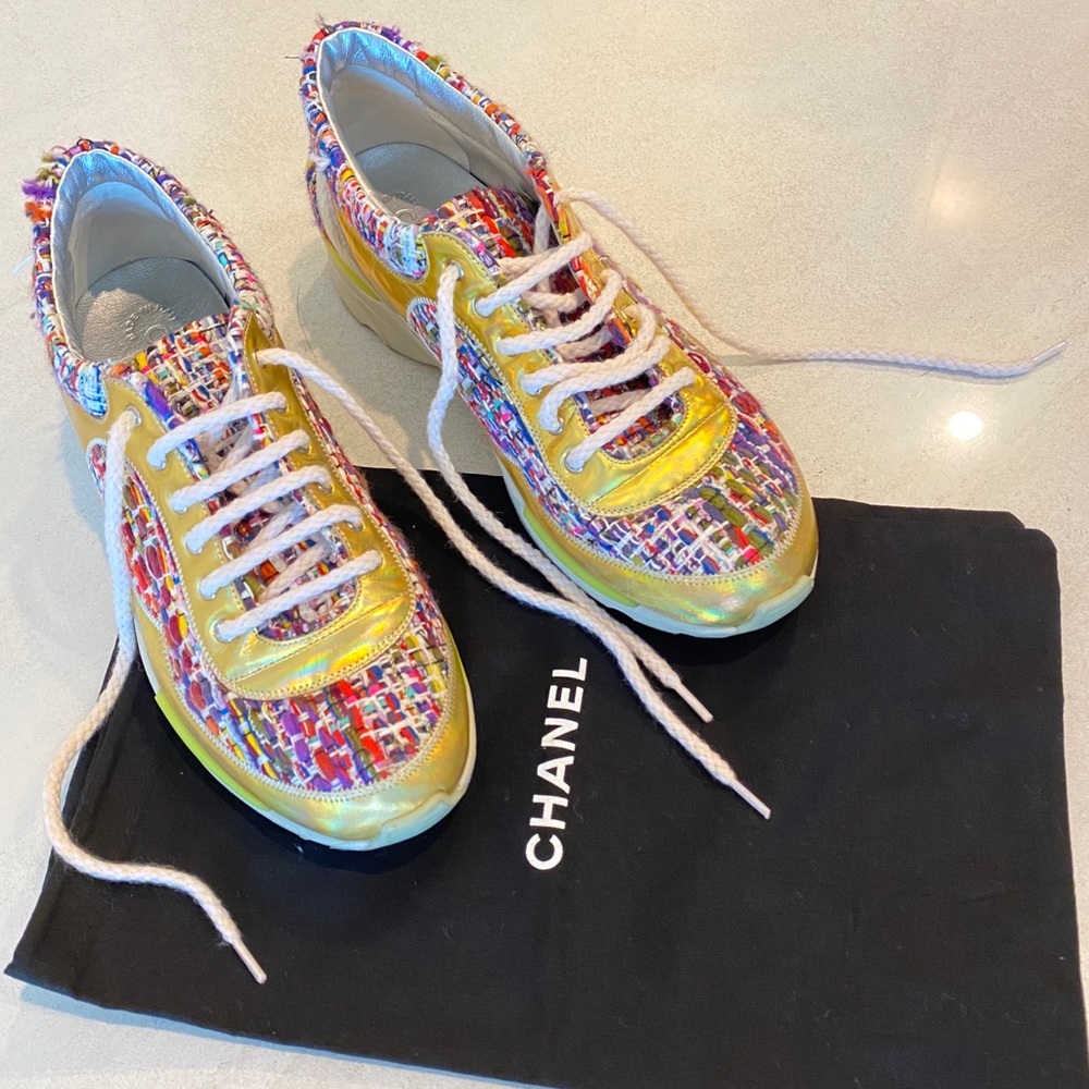 CHANEL Gold Multicolor Tweed Sneakers Sz 38